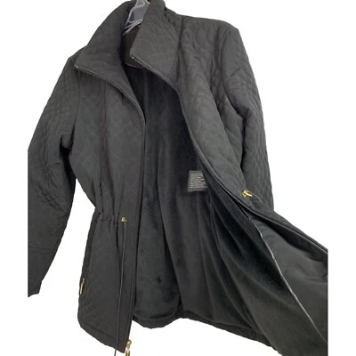 L Zip Ellen Tracy Black Quilt Winter Jacket 6486 Drawstring Waist Plush Lining - Image 1 of 4