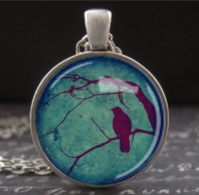 Gothic Raven Necklace Glass Pendant Antique Silver Finish Crow Jewelry Bird Tree - Image 1 of 3