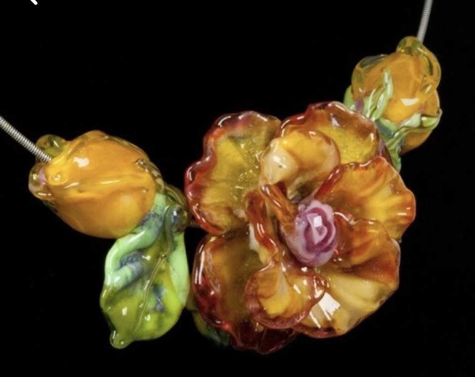 Patsy Evins Rose Flower Focal Lampwork Bead With 2 Buds And Leaves - Beautiful - Image 1 of 4