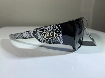Men's sunglasses with black lenses and black and white graffiti side arms - Image 1 of 4