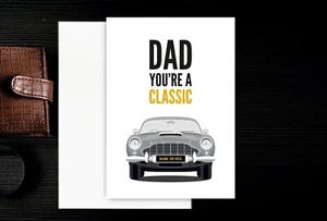 Personalised Aston Martin DB5 Father's Day - 007 Birthday Card. A5. FREE POSTAGE - Picture 1 of 5