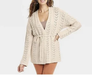 Damen Knox Rose Gürtel Offen Strick Cardigan Pullover Creme Metallic XS - Bild 1 von 9