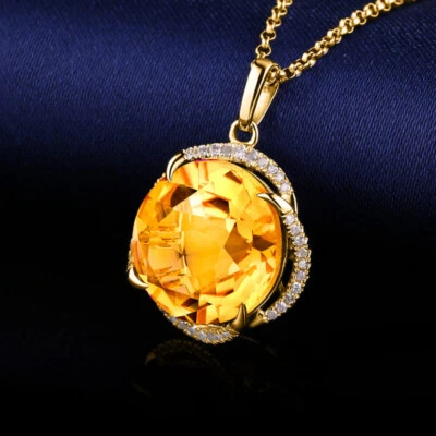Xmas Jewelry 14mm Round Yellow Citrine Gems Women Girl Necklace Pendant Gold - Image 1 of 4