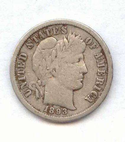Better Date 1893 S/S Silver Barber Dime, Average Circulated, RPM Cover