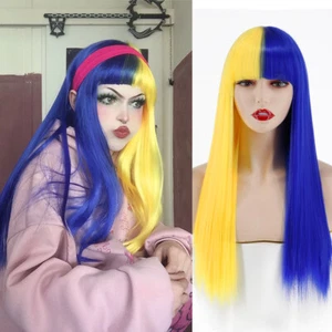 Long Straight Synthetic Wigs Half Blue Half Yellow Wig With Bang Cosplay Costume - Picture 1 of 28