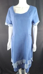 Out of Exile 100% Linen Silk Trim Blue Summer Dress Size 2 (38" Bust) Pockets - Picture 1 of 12