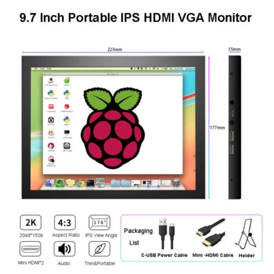 Portable Monitor 9.7'' IPS PC Screen Display Gaming for Raspberry PS4 XBOX DSLR - Image 1 of 4