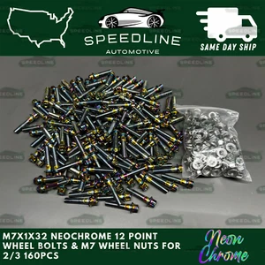 160PC M7x1.0x32 Neo Chrome 12 Point Wheel Bolts & M7 Nuts 2/3 Piece Wheels 160 - Picture 1 of 3