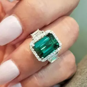 14k White Gold Plated 3 Ct Emerald Cut Simulated Emerald Women's Engagement Ring - Picture 1 of 10
