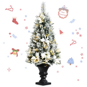 4 FT Pre-lit Christmas Entrance Tree Snow Flocked Xmas Tree w/ LED Lights - Picture 1 of 10