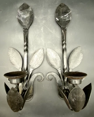 (2) WROUGHT IRON WALL MOUNT CANDLE HOLDERS SCONCES 25" LONG LEAF DESIGN PAIR - Image 1 of 4