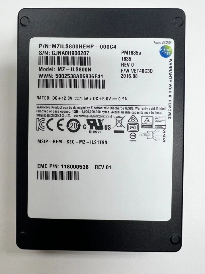 SSD con Caddy EMC/SAMSUNG MZILS800HEHP-00C4 800 GB 12 GBPS SAS 2,5 PM1635a Foto 1 de 3