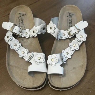 Autenti Shoes Feminino Tamanho 39 Branco Flor Sandálias Espanha Couro Cortiça Conforto - Imagem 1 de 4