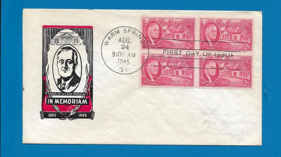 Scott 931 Franklin Roosevelt BL4 Aug 24, 1945 Ioor  FDC Lot3 - Image 1 of 1
