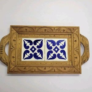 Vintage Mexican Hand Carved Wood Serving Tray Double Blue White Tiles Rustic 16" - Picture 1 of 8