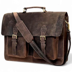 Vintage Leather Messenger Bag Satchel Briefcase – Men’s Laptop Office Bag - Picture 1 of 5