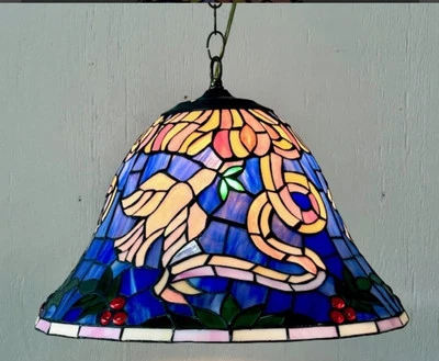 Tiffany Hanging Stained Glass Lamp - Colorful Nature Design With Birds - Image 1 of 4