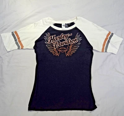 Harley Davidson женщин Sz M черный слоновой кости Varsity в полоску графический футболка США  - Изображение 1 из 4