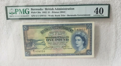 Bermuda/British Administration P#20a 1952 1 Pound PMG 40 Extremely Fine Cover
