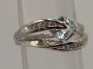14K WHITE GOLD RING w SQUARE BLUE TOPAZ & 9 RBC DIAMONDS - SIZE: 7.5* - Picture 1 of 19