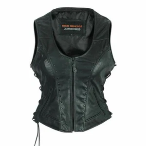 Women's Vest High Mileage Motorcycle Apparel Lace Side Biker Vest Adorned Studs - Picture 1 of 4