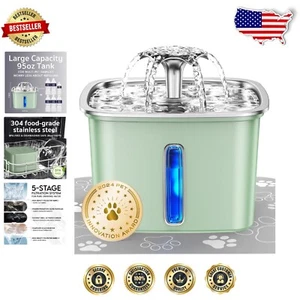 Modern 2.8L Stainless Steel Pet Fountain with Filters & Silicone Mat - Tea Green - Picture 1 of 10