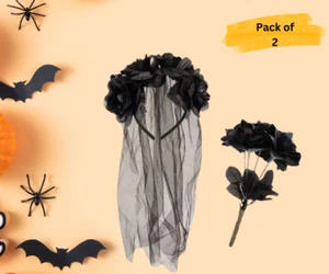 Ladies Gothic Corpse Bride Veil & Black Roses Flowers Bouquet Halloween - Picture 1 of 5