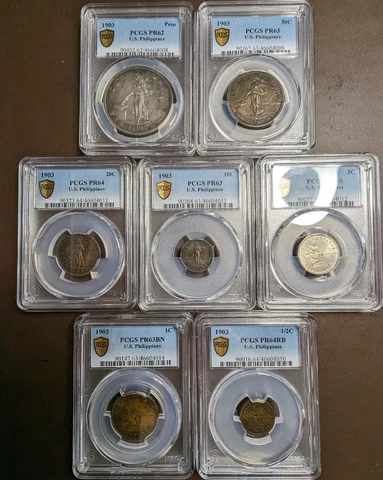 1903 US PHILIPPINES PCGS 7-COIN PROOF SET, HALF CENTAVO to PESO Cover