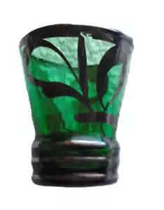 ANTIQUE GREEN SHOT GLASS HANDBLOWN LIQUORS CORDIAL WITH SILVER OVERLAY - Picture 1 of 7