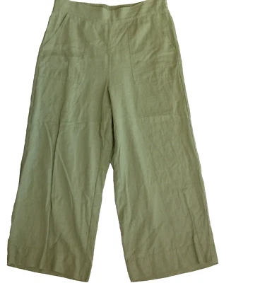 PANTALONES KENSIE MEZCLA LINO PIERNA ANCHA MUJER L CROP ELÁSTICO FRENTE PLANO CORTE CORBATA VERDE Foto 1 de 4