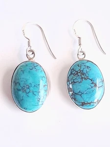 925 Sterling Silver Earrings Turquoise Oval Dangle Drop 35mm Drop Hook Closure - Picture 1 of 4