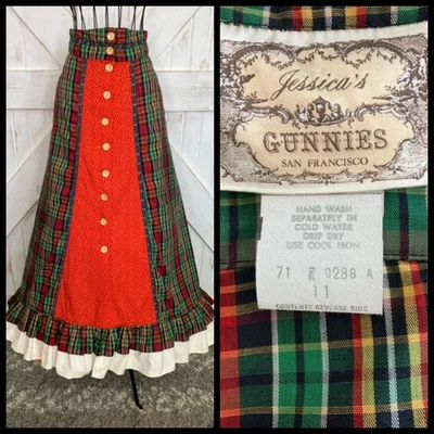Maxi Falda Años 70 Vintage Gunne Sax Gunnies Rojo Verde Cuadros Calico Pradera 11 Foto 1 de 4