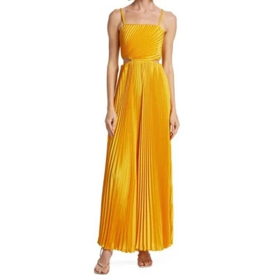 NWT Alice + Olivia Powell Yellow Pleated Wide Leg Side Cut Out Jumpsuit 6 FLAW - Image 1 of 4