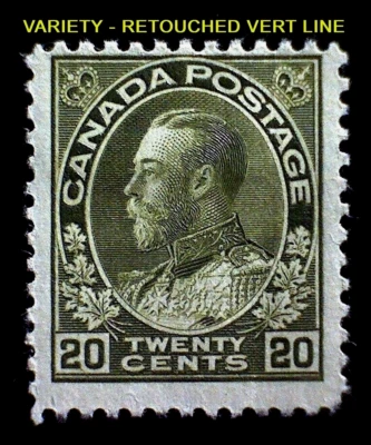 *VARIETY* Canada Scott #119iv KG V Admiral 20c Mint OG LHR *Retouched Vert Line* - Image 1 of 4
