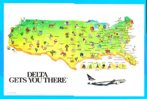1985 Delta Airlines Flugkarte Magazin Printanzeige USA Reise 2 Seiten Karte Ephemera - Bild 1 von 6