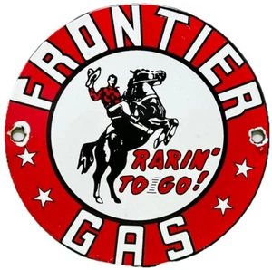 VINTAGE FRONTIER GASOLINE PORCELAIN SIGN GAS STATION MOTOR OIL BUCKING BRONCO - Picture 1 of 11
