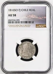 CHILE Santiago Silver Bust 1 Real Ferdinand VII 1816 FJ NGC AU 58 Val y Mexia - Picture 1 of 5