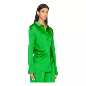 SER.O.YA Karry Silk Blouse Kelly Green Button Down Shirt Stretch Long Sleeve XS - Picture 1 of 7