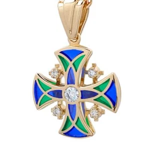 14K Gold Jerusalem Kreuz Anhänger Buntglas Emaille und 5 Diamanten blau grün - Bild 1 von 6
