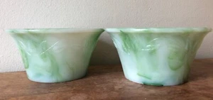 Set Of 2 Two Depression Akro Agate 323 IVY Bowl Milk Glass Dish Green Marble - Picture 1 of 11
