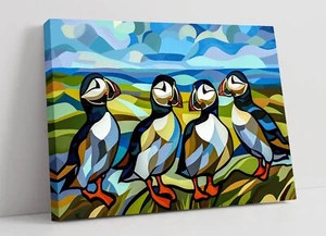 A GROUP OF PUFFINS SEASIDE CONTEMPORARY HOME DECOR CANVAS WALL ART PICTURE PRINT - Picture 1 of 2