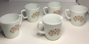 Set Of 4 Pyrex Milk Glass Summer Impressions Brown Flowers Coffee Cups & Creamer - Picture 1 of 17