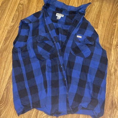 blue black plaid flannel carhartt costum vest rippled sleeve Men’s Large - Image 1 of 4