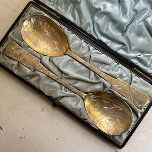 EXCELENTE PAR DE CUCHARAS ESTÉTICAS PERÍODO PLATA ESTERLINA BAYAS DORADAS Birmingham 1881 - Imagen 1 de 11