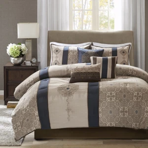 ¡NUEVO! HERMOSO JUEGO DE EDREDÓN MODERNO CHIC AZUL MARINO MARRÓN RAYAS GRIS TOPO BEIGE - Imagen 1 de 7