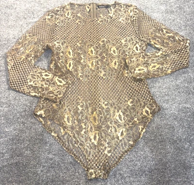 Boohoo Bodysuit Womens 10 Metallic Gold Lace Sheer Floral Long Sleeve Sexy Y2K Foto 1 de 4