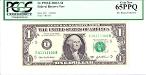 2003-A $1 FRN PCGS Gem New 65PPQ Fancy TRUE 0/1 BINARY Serial #E01111100B - Picture 1 of 2