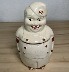 Tarro de galletas vintage American Bisque US Soldier década de 1940 Segunda Guerra Mundial Doughboy GI War Time - Imagen 1 de 14