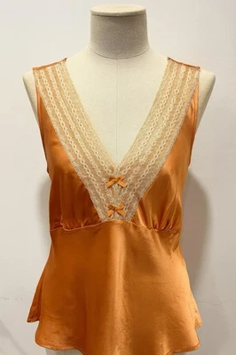 Старый темно-Y2K 100% шелк оранжевый Cami Babydoll верхний кружевной отделки фея кокетка размер XL - Изображение 1 из 4