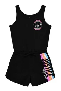 Justice Girls Romper Black Size 7/8 Waist Tie Side Pockets Graphic Logo - Picture 1 of 13